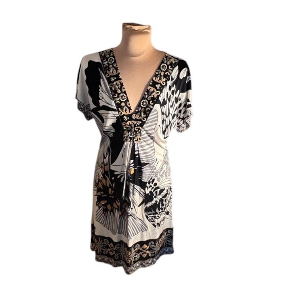 Hale Bob 100% Silk Boho Floral Embellished V-Neck Mini Dress Resort Size S - Picture 2 of 9